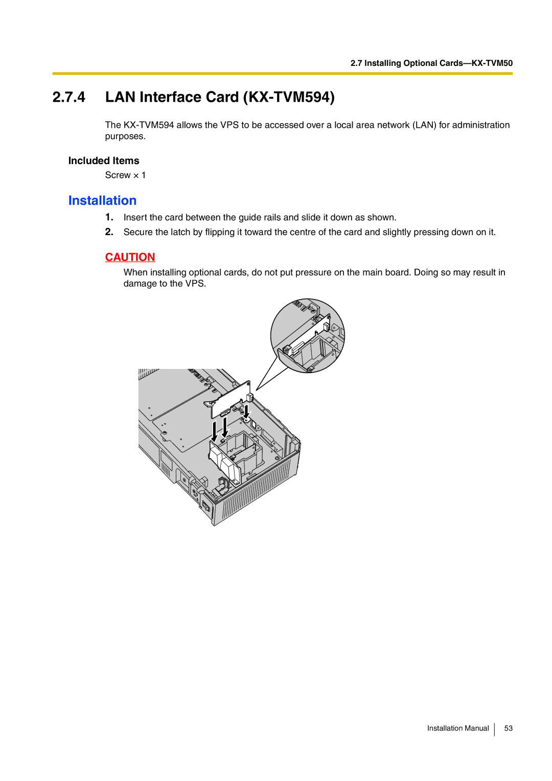 Panasonic KX-TVM50 installation manual LAN Interface Card KX-TVM594 