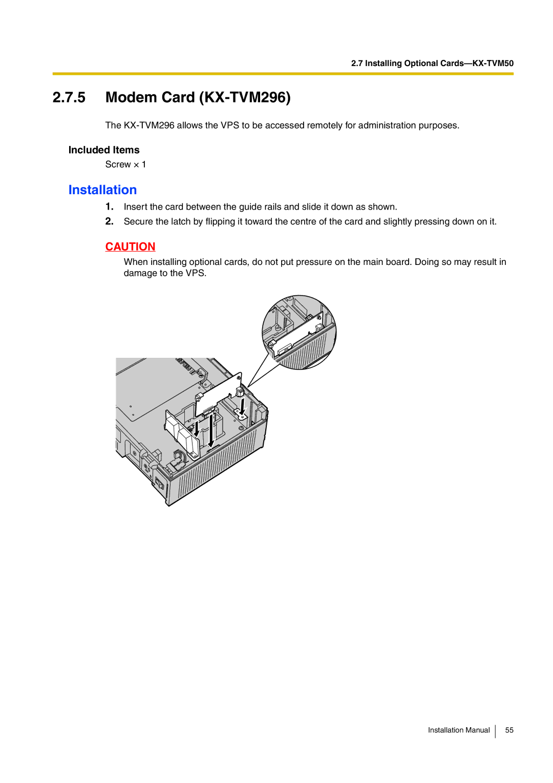 Panasonic KX-TVM50 installation manual Modem Card KX-TVM296 