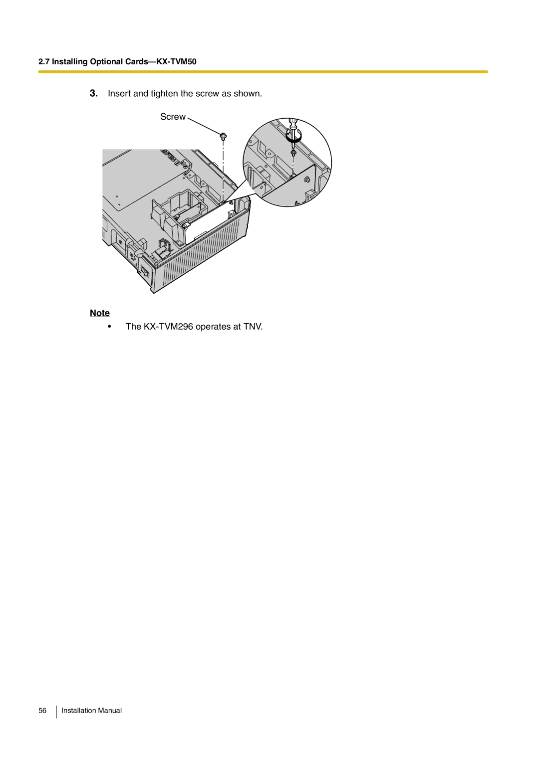 Panasonic installation manual Installing Optional Cards-KX-TVM50 