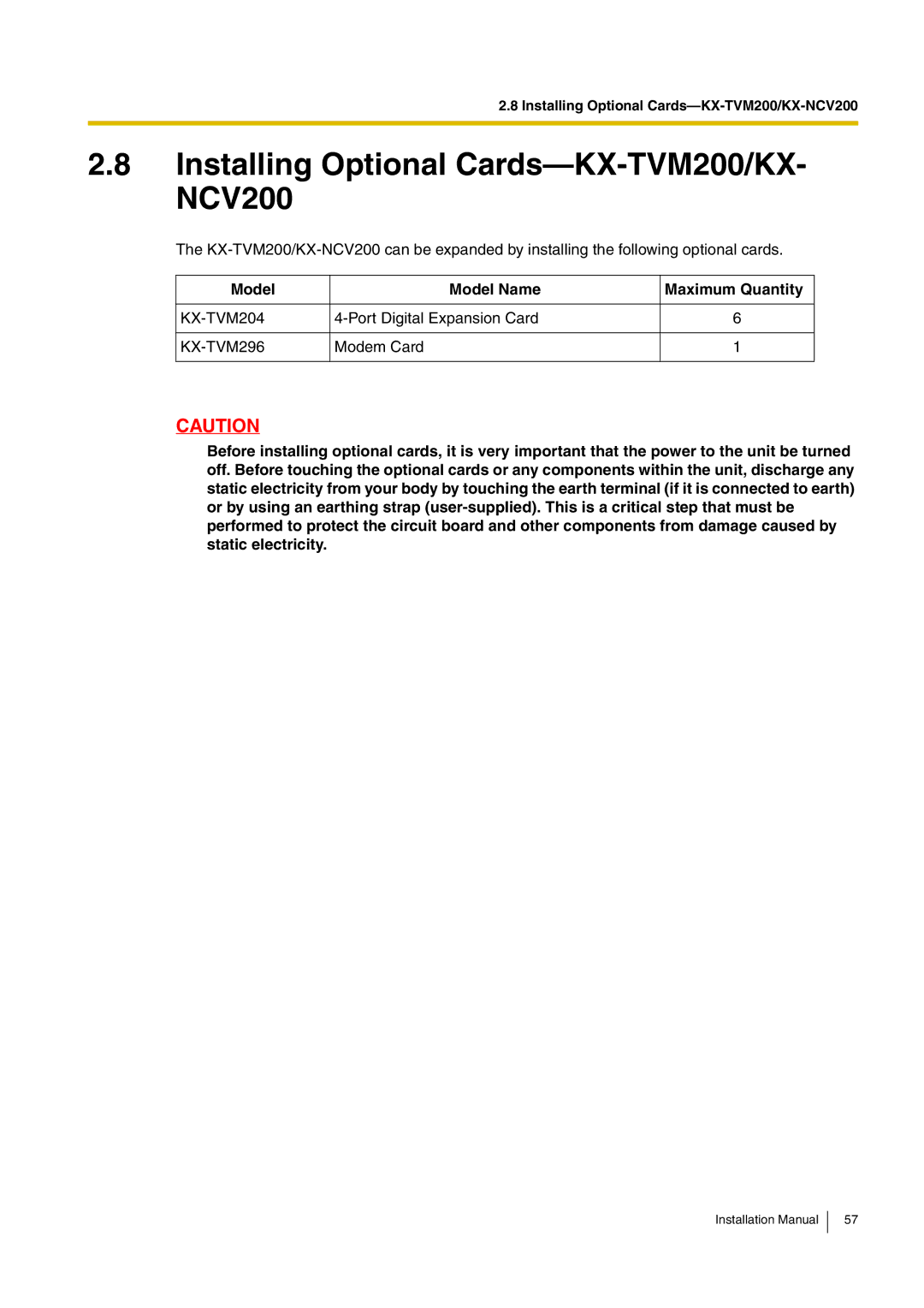 Panasonic KX-TVM50 installation manual Installing Optional Cards-KX-TVM200/KX- NCV200, Model Model Name Maximum Quantity 