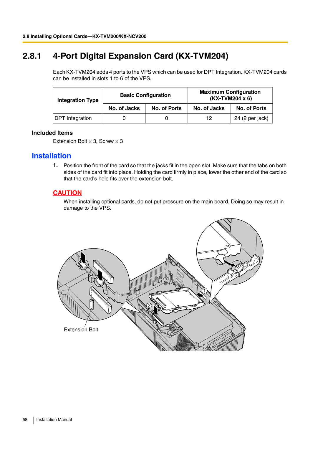 Panasonic KX-TVM50 installation manual 1 4-Port Digital Expansion Card KX-TVM204, Included Items 