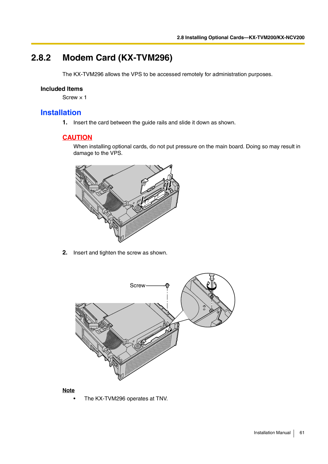 Panasonic KX-TVM50 installation manual Modem Card KX-TVM296 