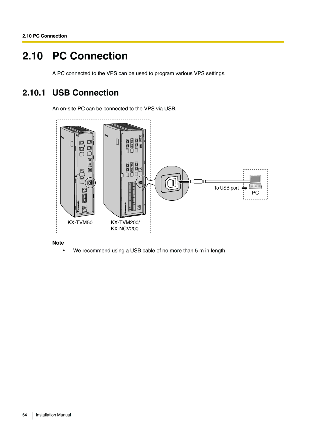 Panasonic KX-TVM50 installation manual PC Connection, USB Connection 