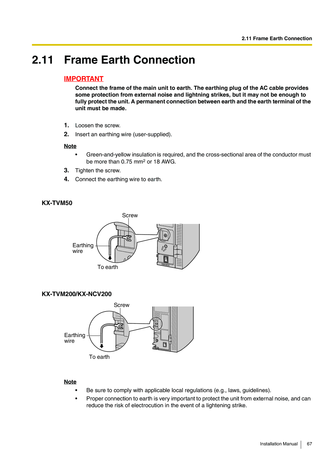 Panasonic KX-TVM50 installation manual Frame Earth Connection 