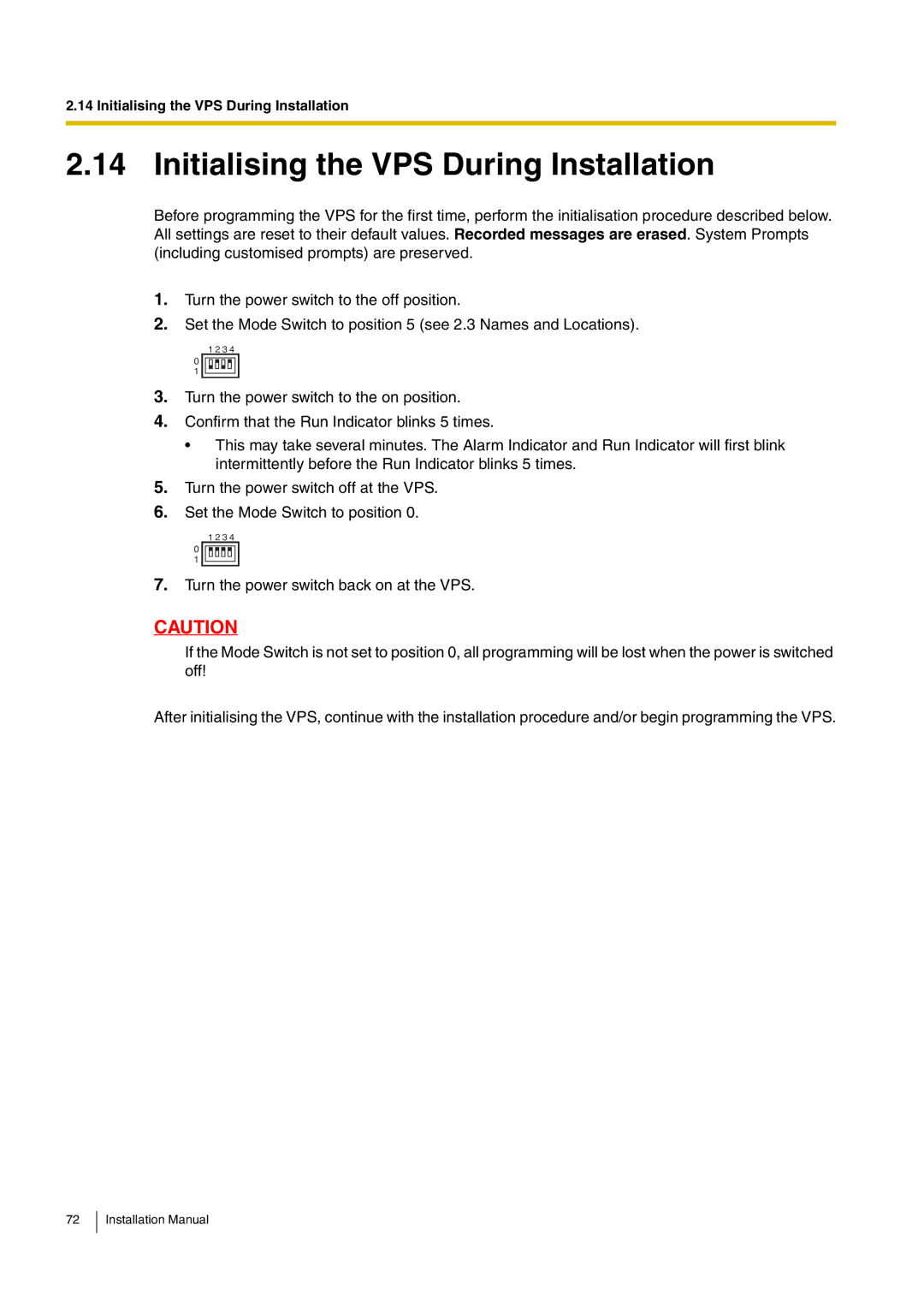 Panasonic KX-TVM50 installation manual Initialising the VPS During Installation 