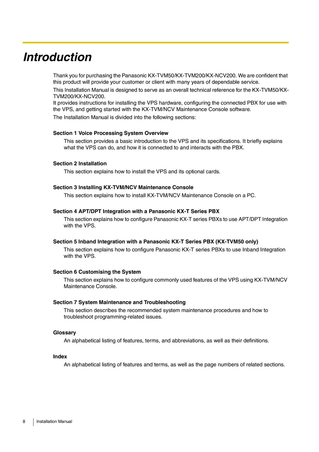 Panasonic KX-TVM50 Voice Processing System Overview, Installation, Installing KX-TVM/NCV Maintenance Console, Glossary 