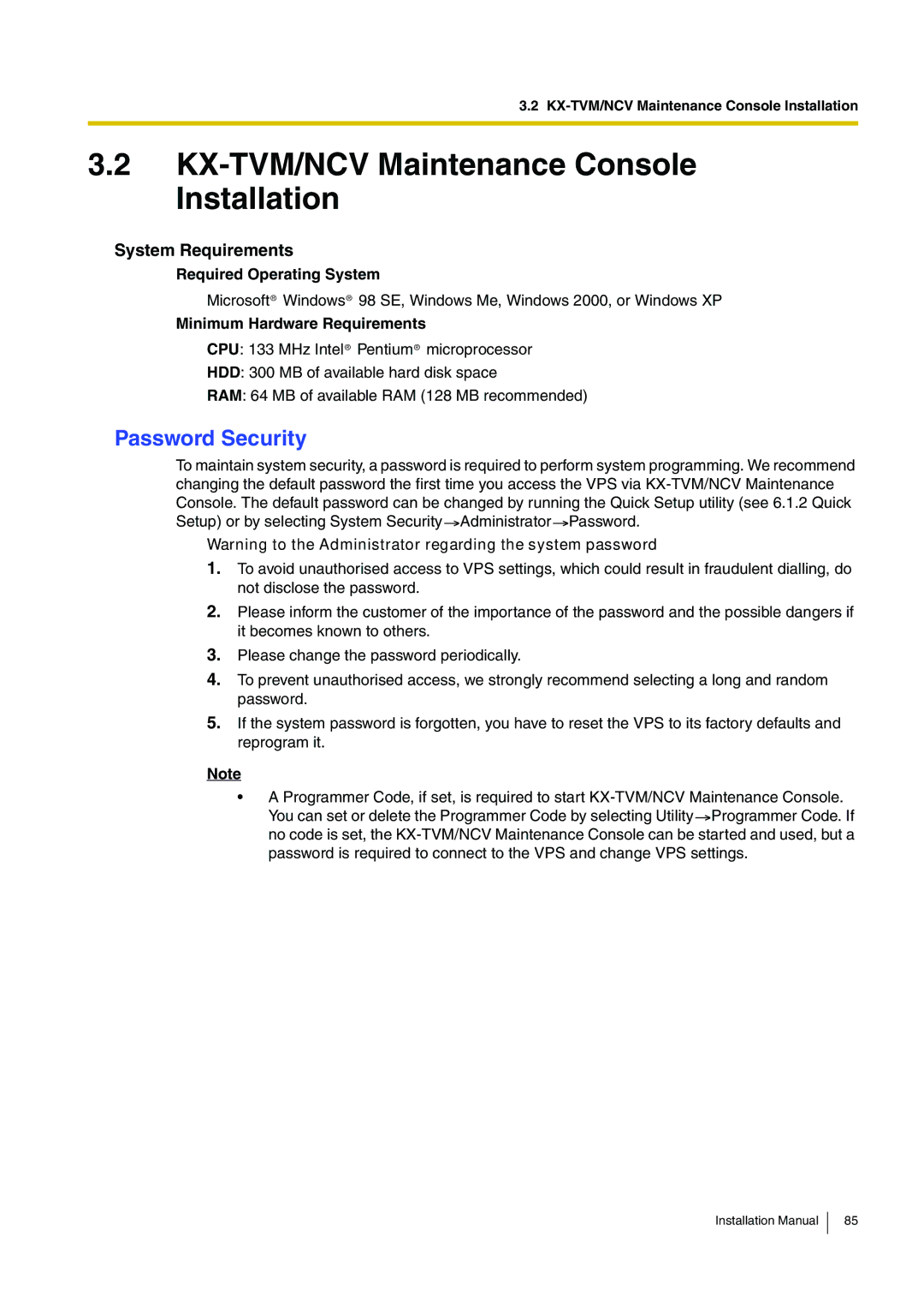 Panasonic KX-TVM50 installation manual KX-TVM/NCV Maintenance Console Installation, Password Security, System Requirements 