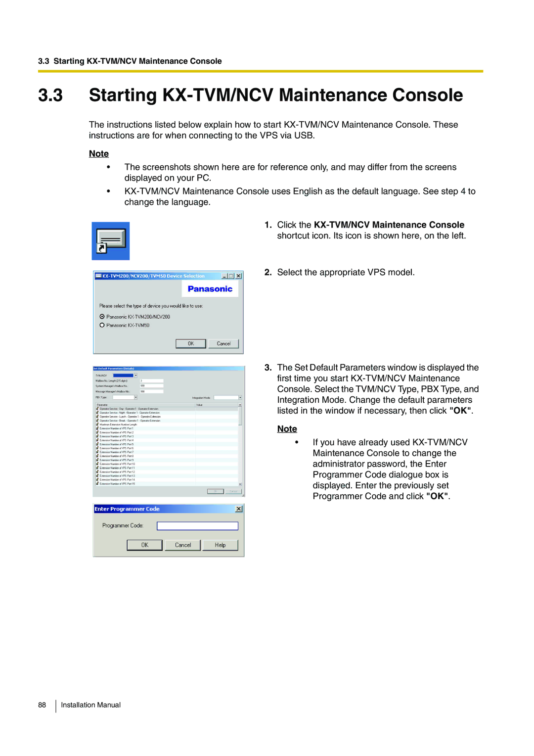 Panasonic KX-TVM50 installation manual Starting KX-TVM/NCV Maintenance Console 