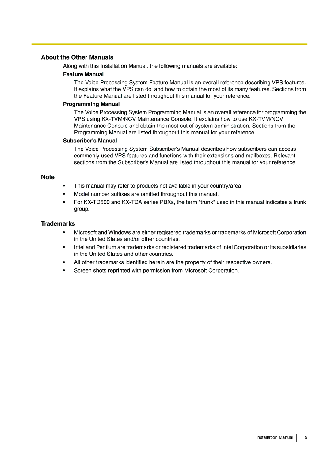 Panasonic KX-TVM50 About the Other Manuals, Trademarks, Feature Manual, Programming Manual, Subscribers Manual 