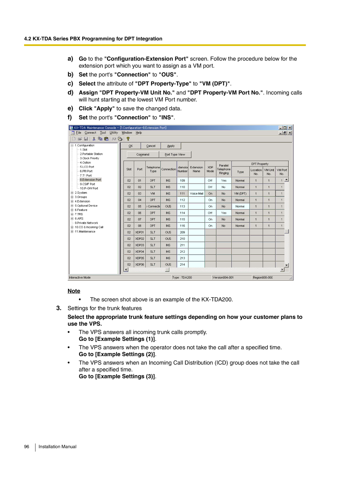 Panasonic KX-TVM50 installation manual Set the ports Connection to INS, Go to Example Settings 