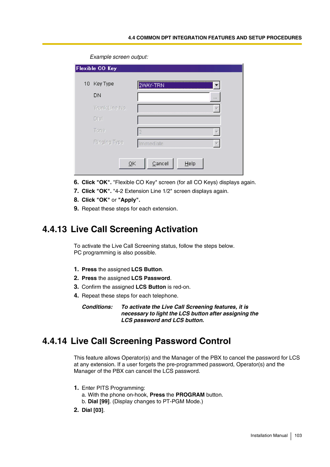 Panasonic KX-TVP200 Live Call Screening Activation, Live Call Screening Password Control, Example screen output, Dial 