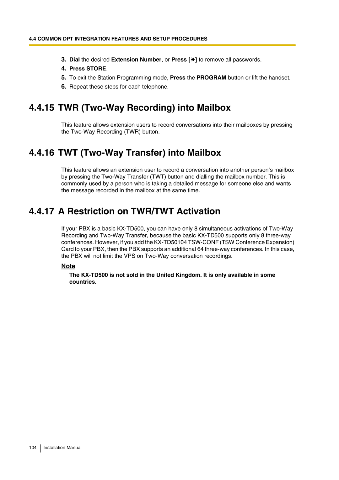 Panasonic KX-TVP200 installation manual TWR Two-Way Recording into Mailbox, TWT Two-Way Transfer into Mailbox 