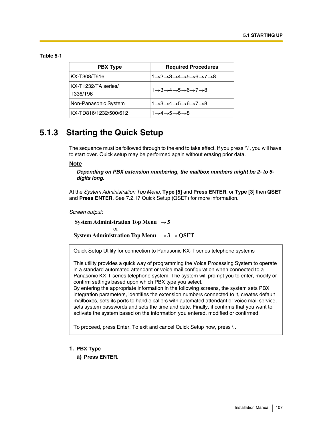 Panasonic KX-TVP200 Starting the Quick Setup, PBX Type Required Procedures, Screen output, PBX Type Press Enter 