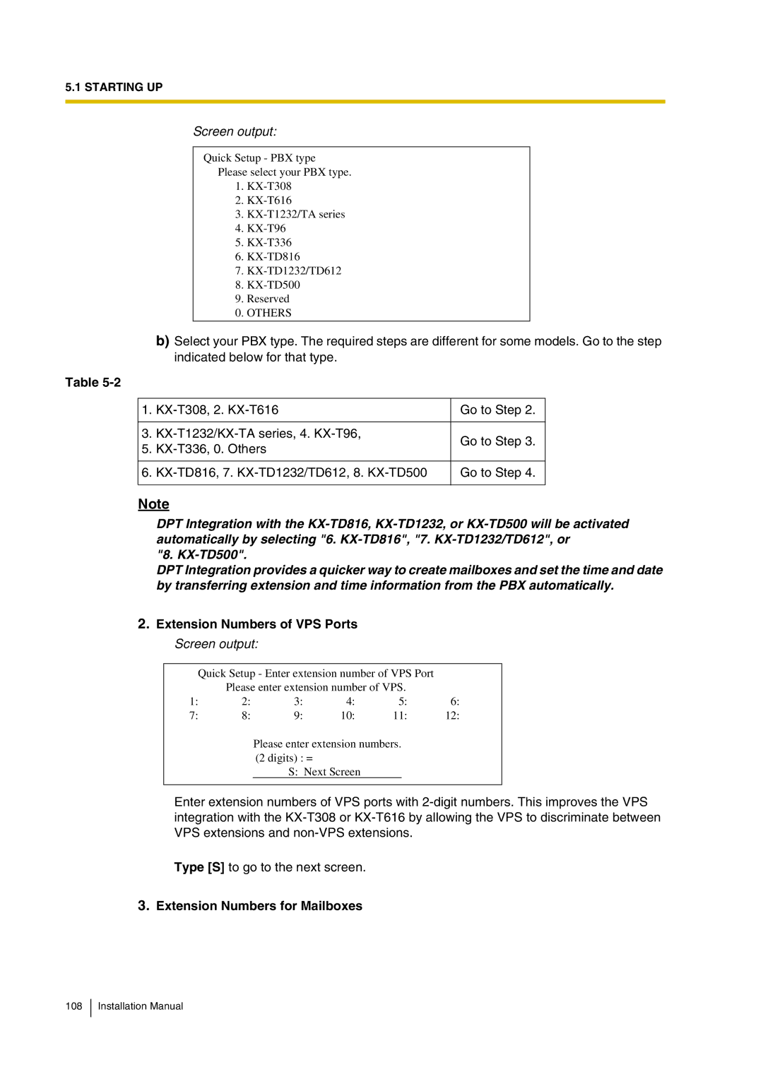 Panasonic KX-TVP200 installation manual Extension Numbers of VPS Ports Screen output, Extension Numbers for Mailboxes 