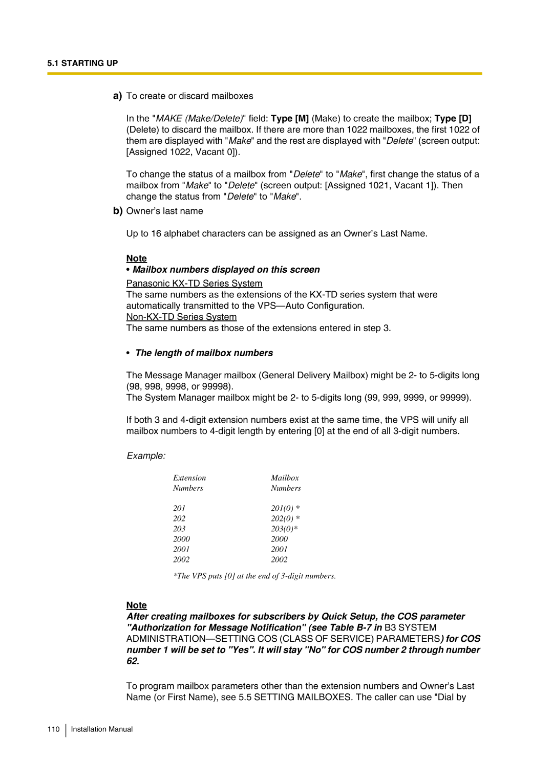 Panasonic KX-TVP200 installation manual Mailbox numbers displayed on this screen, Length of mailbox numbers, Example 