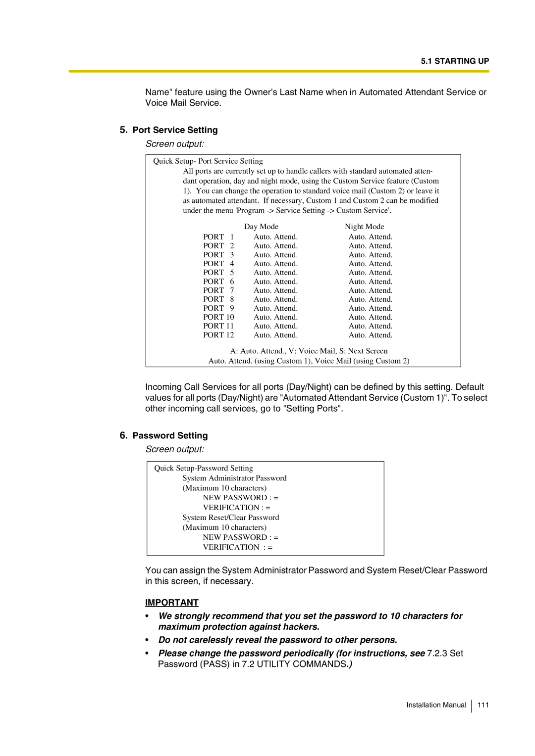 Panasonic KX-TVP200 installation manual Port Service Setting Screen output, Password Setting Screen output 