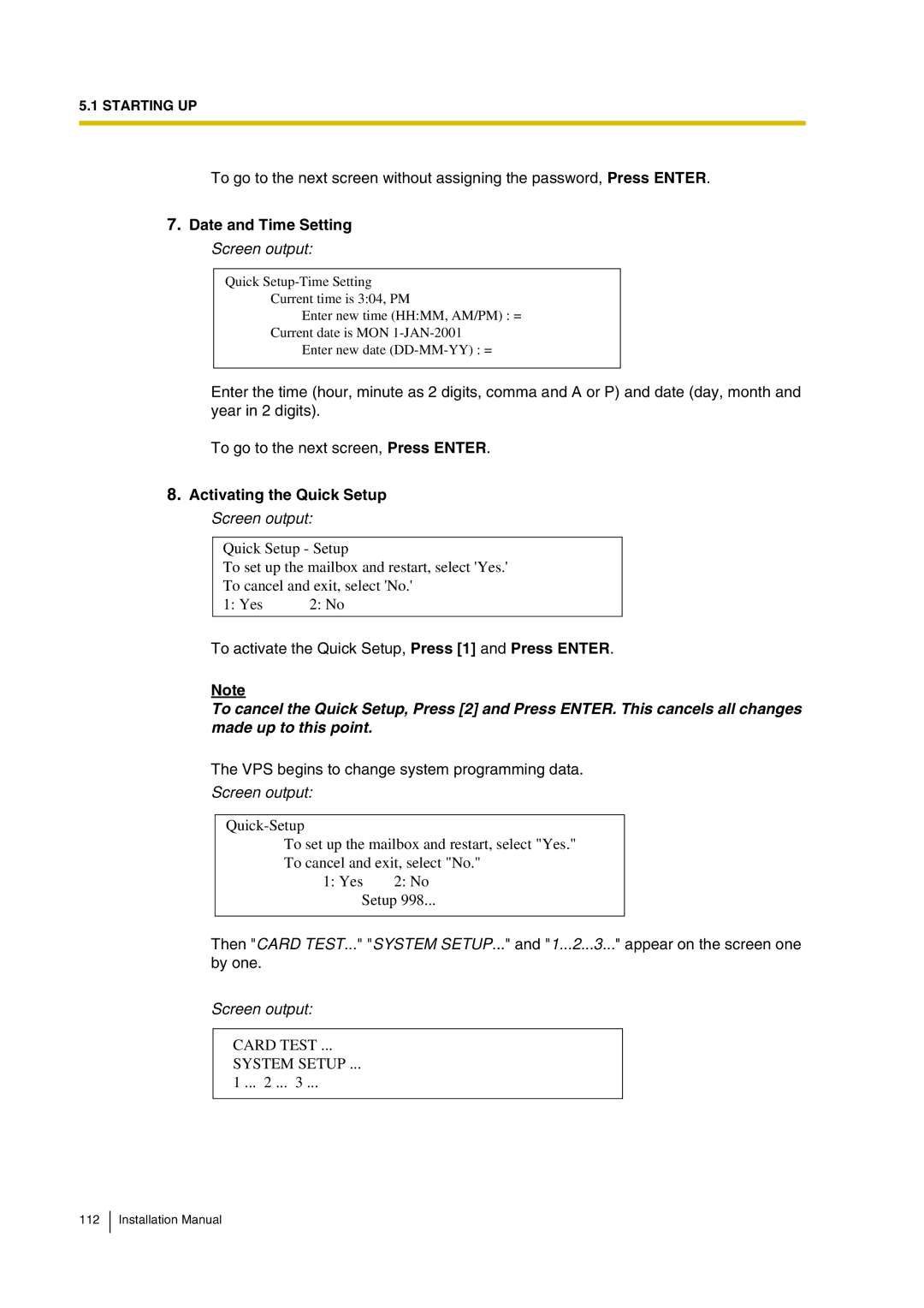 Panasonic KX-TVP200 installation manual Date and Time Setting Screen output, Activating the Quick Setup Screen output 