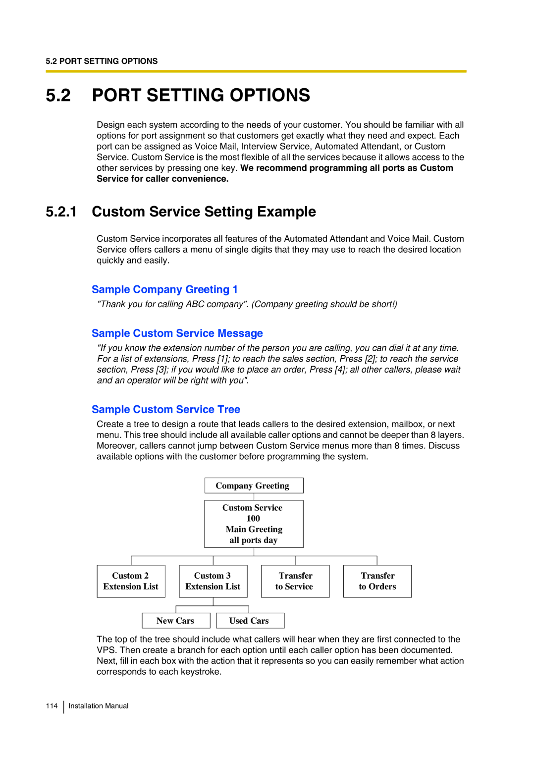 Panasonic KX-TVP200 installation manual Port Setting Options, Custom Service Setting Example, Sample Company Greeting 