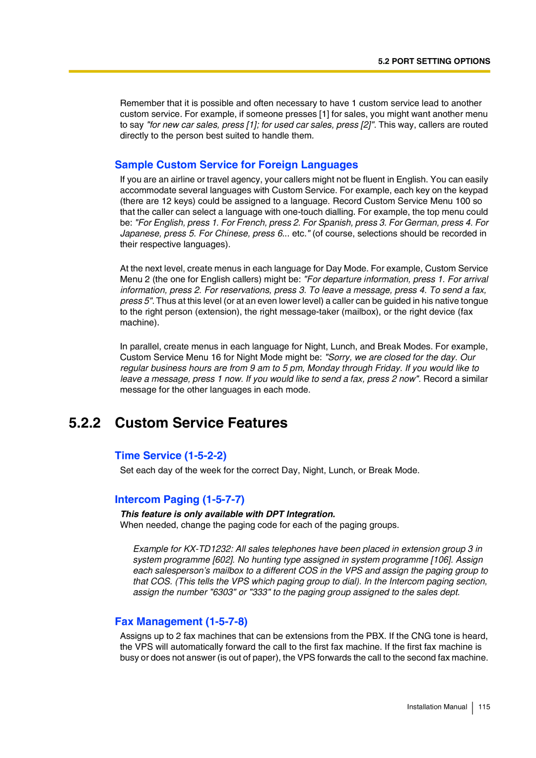 Panasonic KX-TVP200 Custom Service Features, Sample Custom Service for Foreign Languages, Time Service, Intercom Paging 