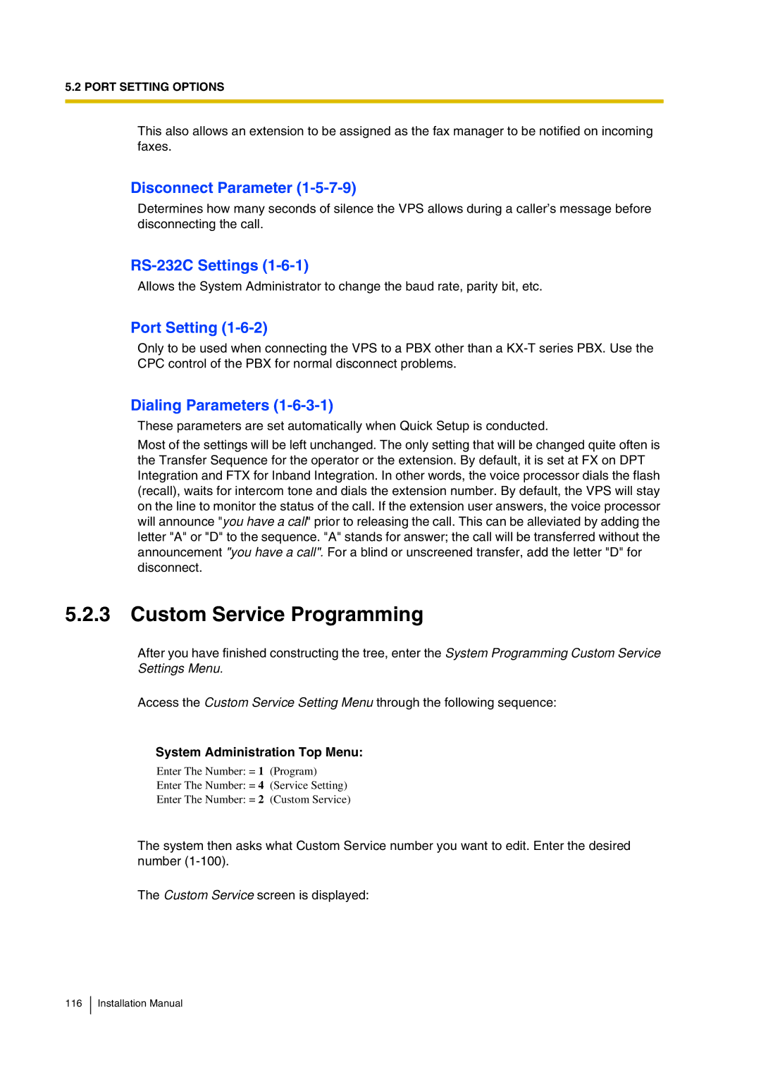 Panasonic KX-TVP200 Custom Service Programming, Disconnect Parameter, RS-232C Settings, Port Setting, Dialing Parameters 