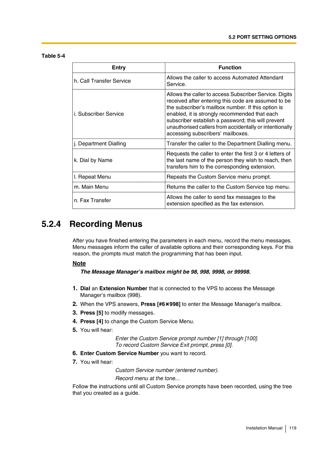 Panasonic KX-TVP200 Recording Menus, Entry Function, Message Manager’s mailbox might be 98, 998, 9998, or 