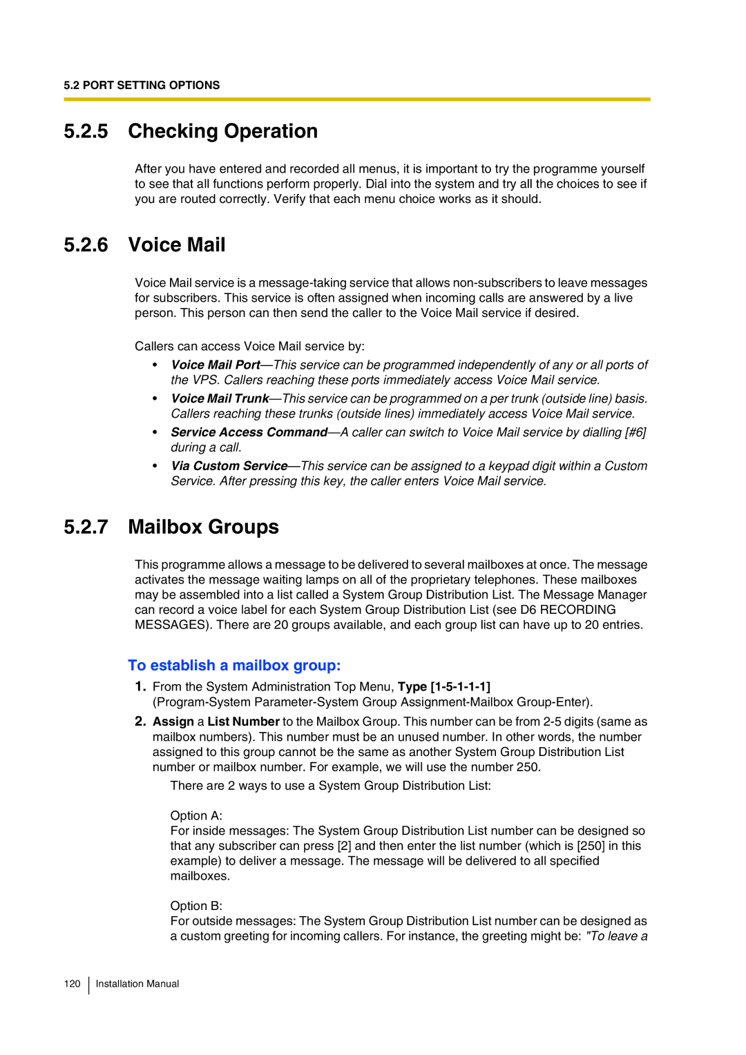 Panasonic KX-TVP200 installation manual Checking Operation, Voice Mail, Mailbox Groups, To establish a mailbox group 