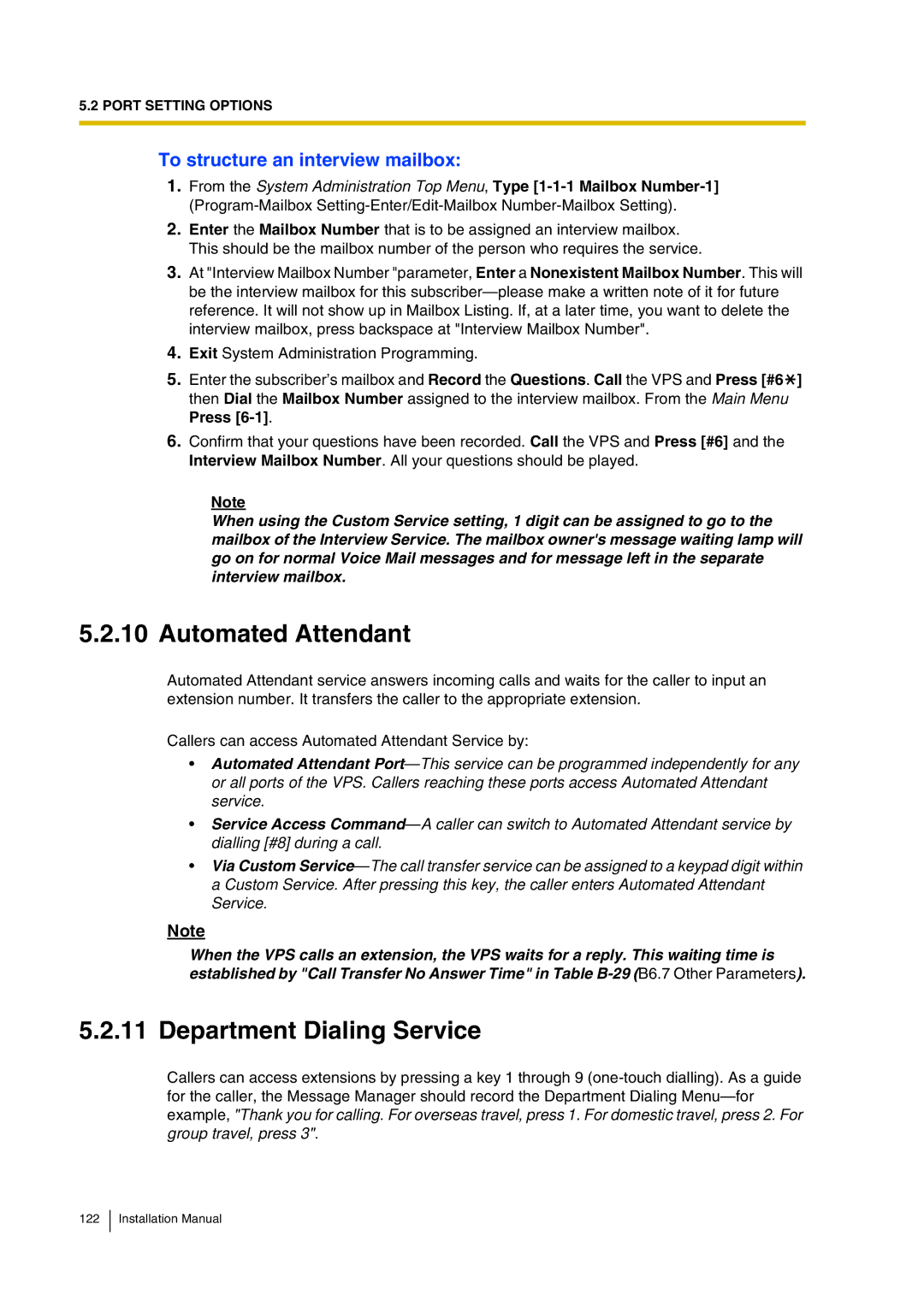 Panasonic KX-TVP200 installation manual Automated Attendant, Department Dialing Service, To structure an interview mailbox 