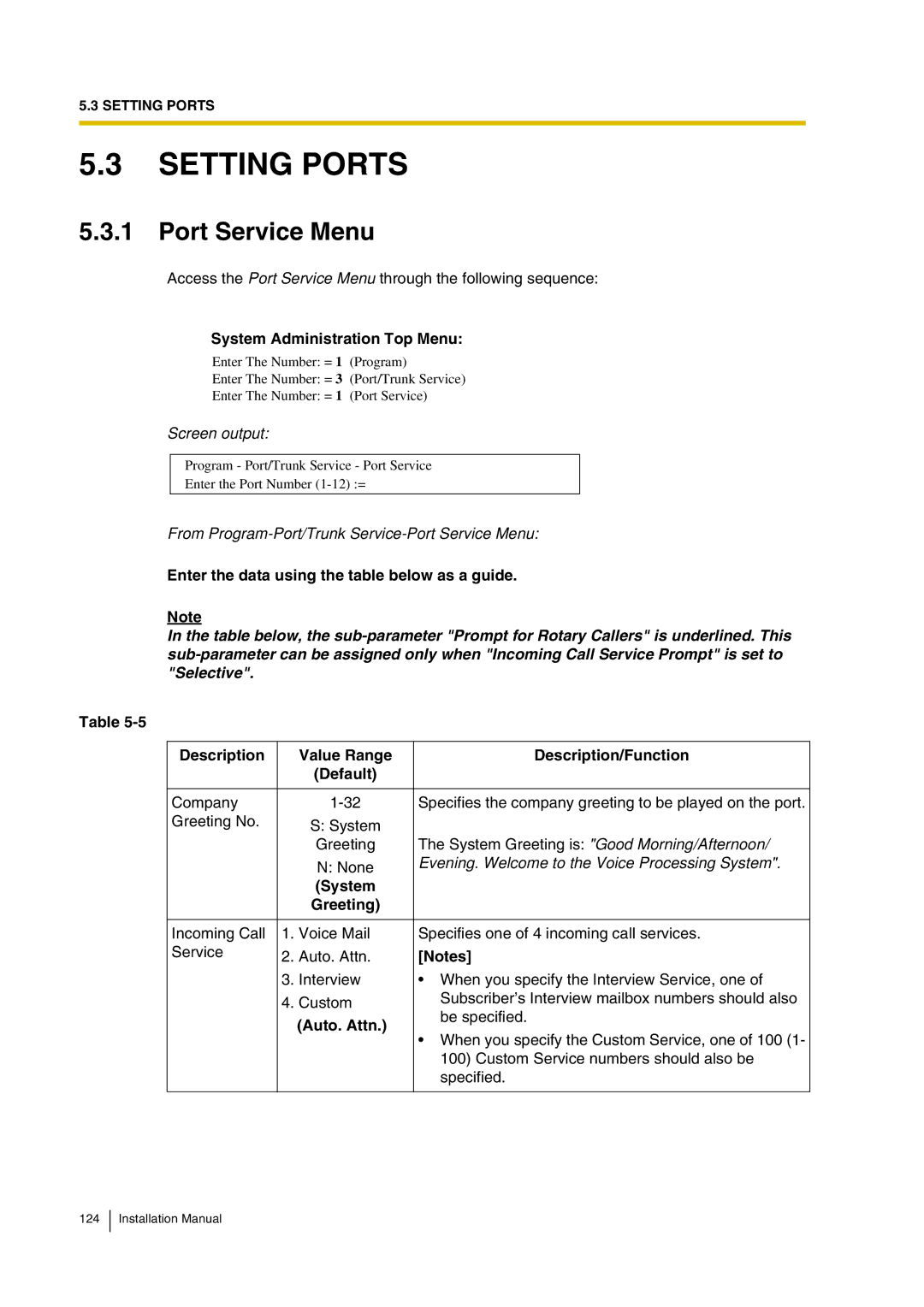 Panasonic KX-TVP200 Setting Ports, Port Service Menu, Enter the data using the table below as a guide, System Greeting 