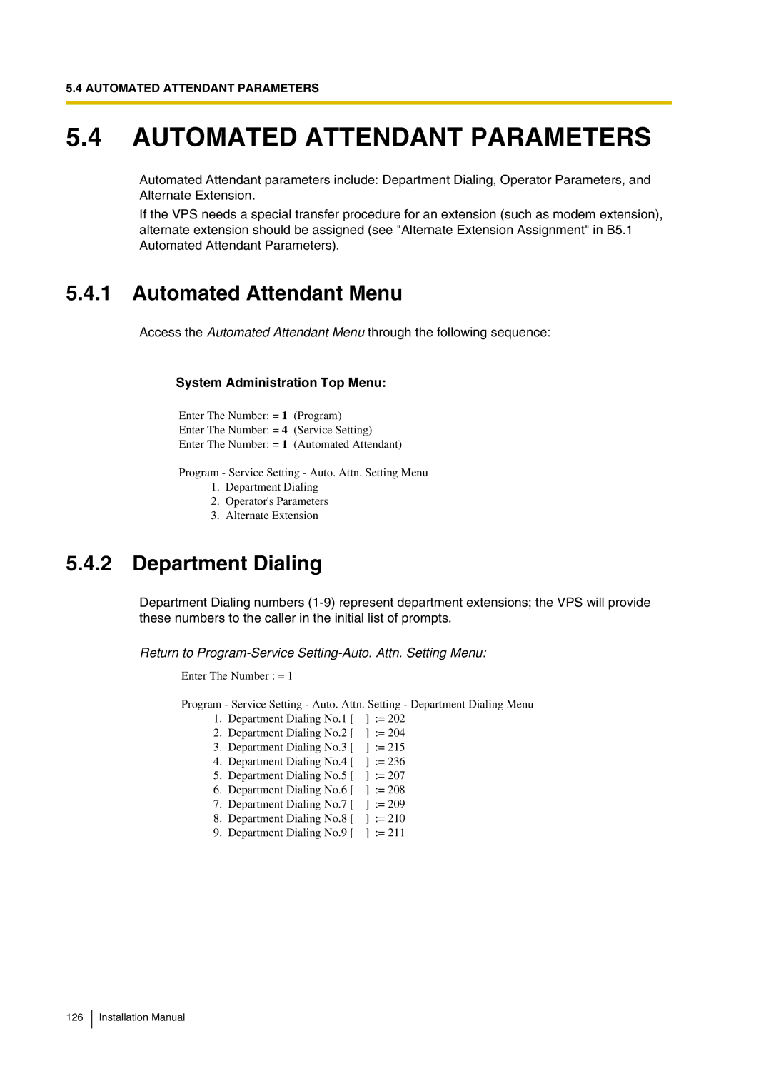 Panasonic KX-TVP200 installation manual Automated Attendant Parameters, Automated Attendant Menu, Department Dialing 