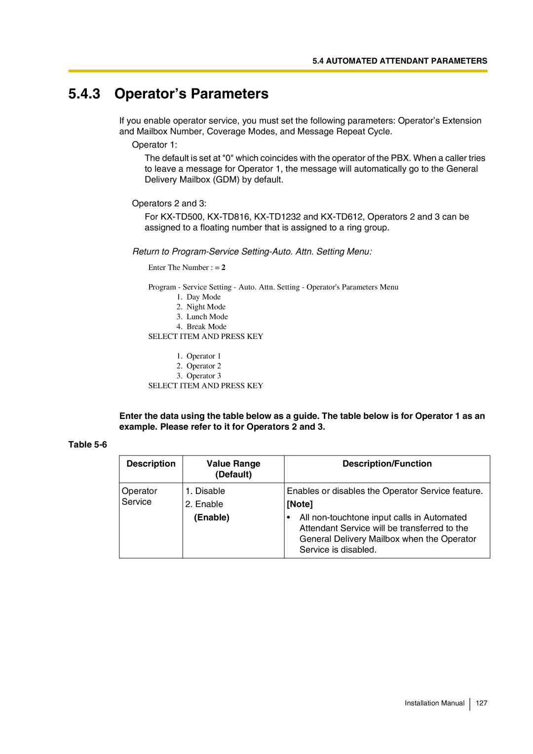 Panasonic KX-TVP200 installation manual Operator’s Parameters, Enable 