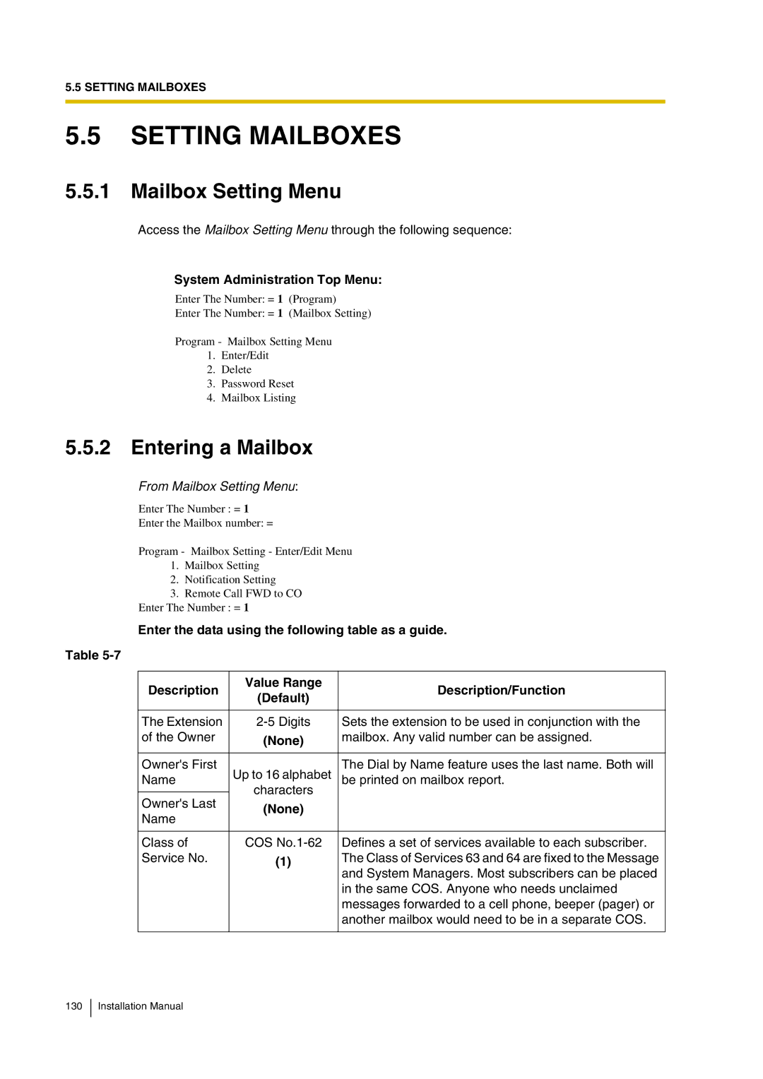 Panasonic KX-TVP200 installation manual Setting Mailboxes, Entering a Mailbox, From Mailbox Setting Menu 