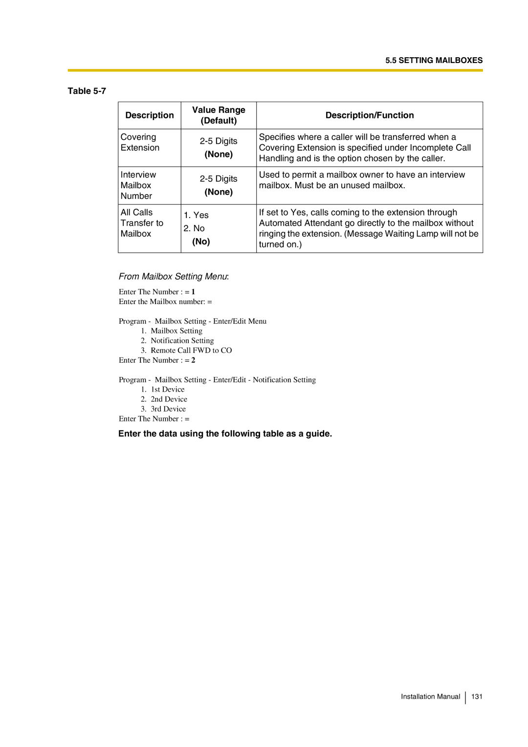 Panasonic KX-TVP200 installation manual Enter the data using the following table as a guide 