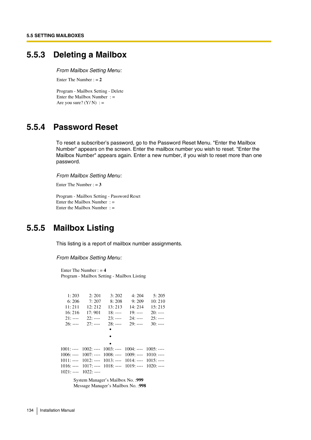 Panasonic KX-TVP200 installation manual Deleting a Mailbox, Password Reset, Mailbox Listing 