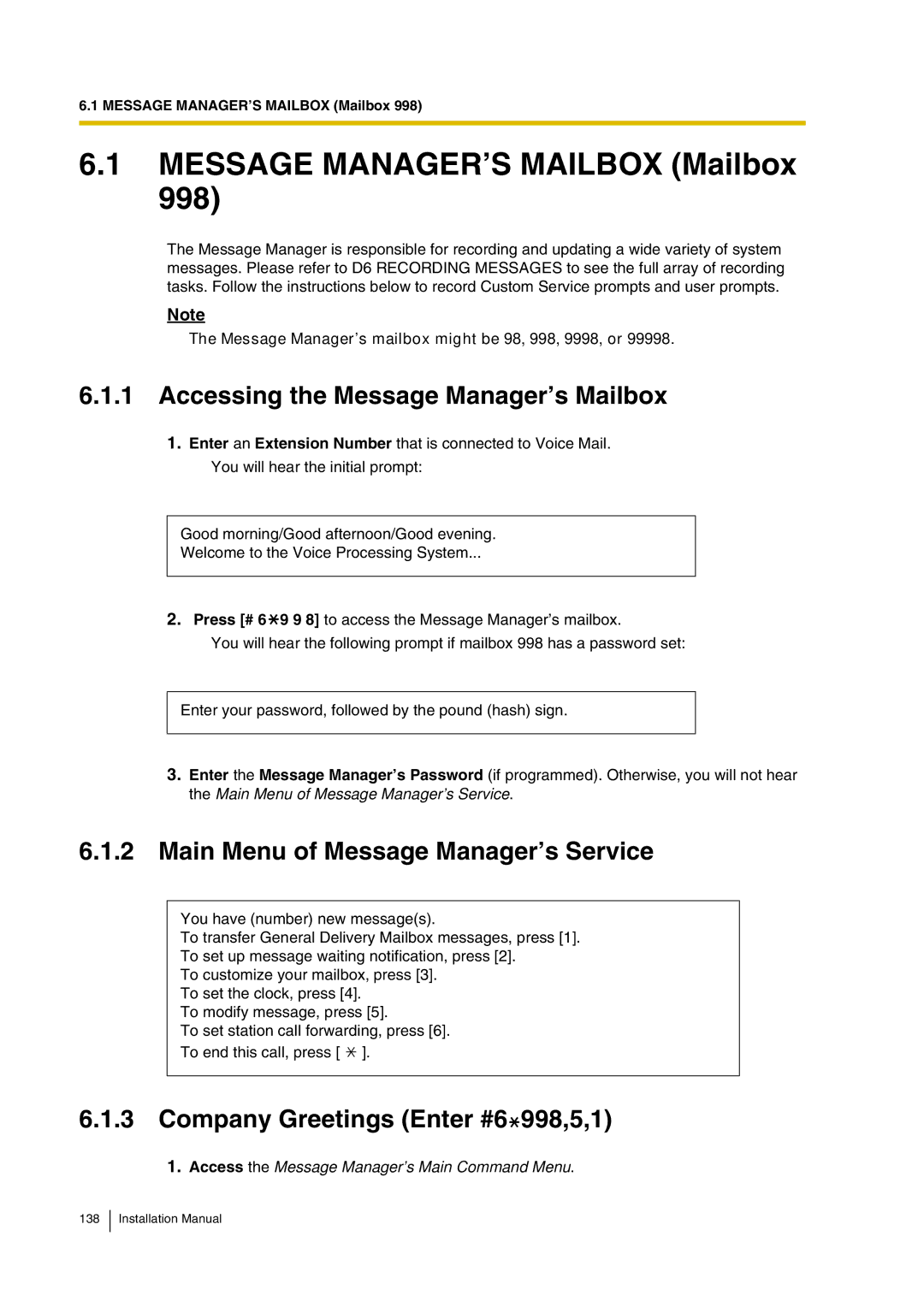 Panasonic KX-TVP200 installation manual Accessing the Message Manager’s Mailbox, Main Menu of Message Manager’s Service 