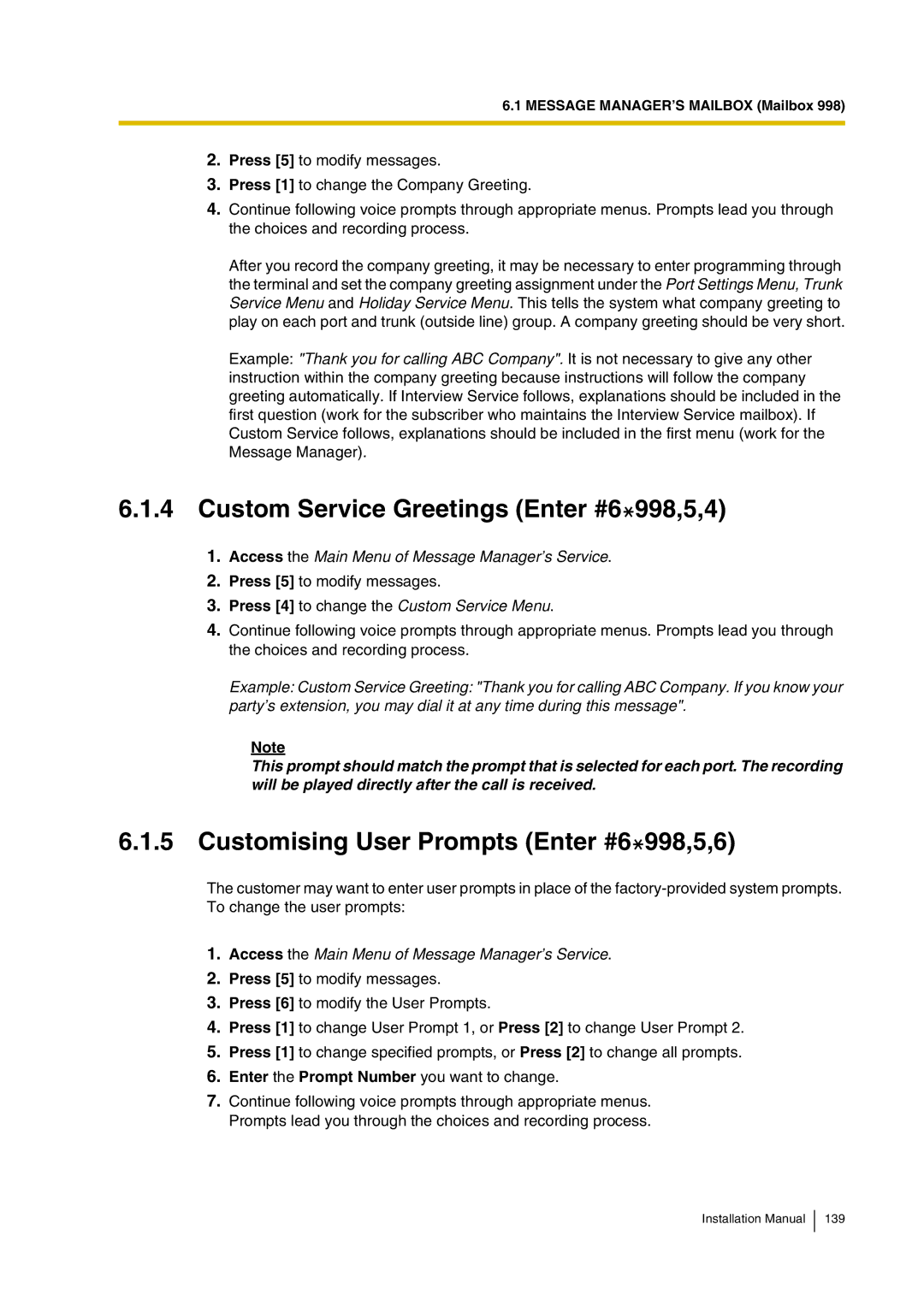 Panasonic KX-TVP200 Custom Service Greetings Enter #6 998,5,4, Customising User Prompts Enter #6 998,5,6 