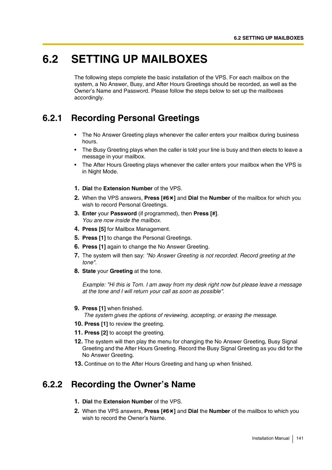 Panasonic KX-TVP200 installation manual Setting UP Mailboxes, Recording Personal Greetings, Recording the Owner’s Name 