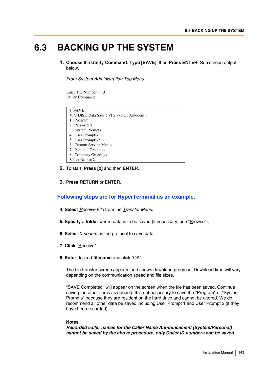 Panasonic KX-TVP200 Backing UP the System, Following steps are for HyperTerminal as an example, Press Return or Enter 