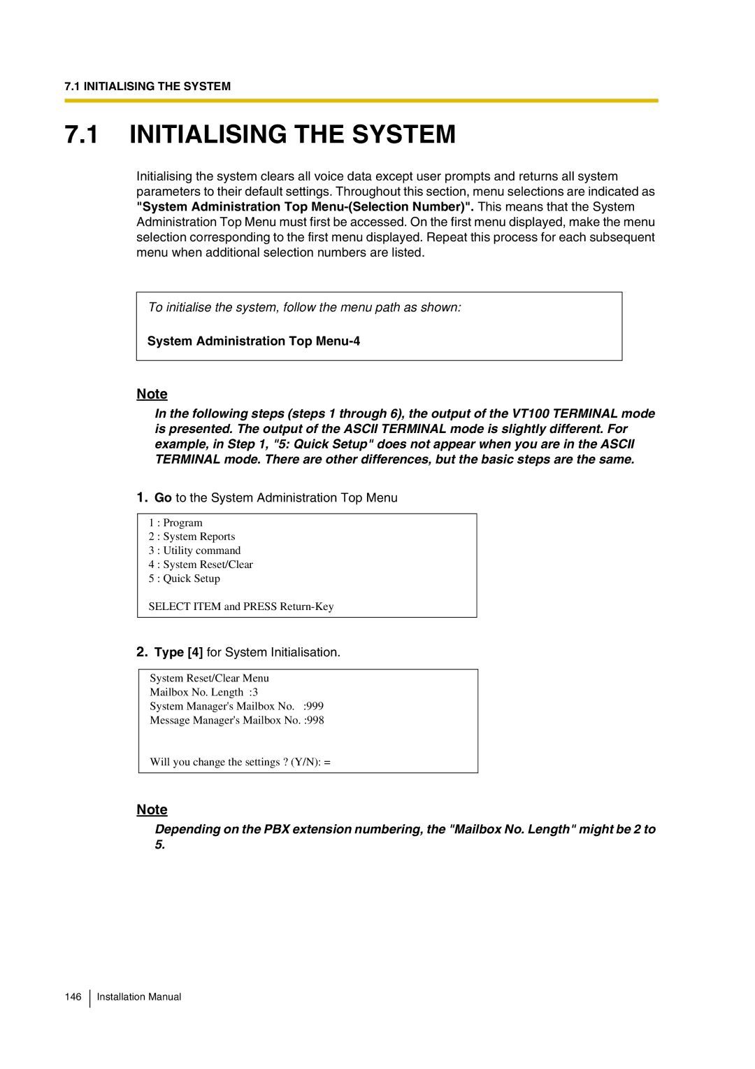 Panasonic KX-TVP200 installation manual Initialising the System, To initialise the system, follow the menu path as shown 