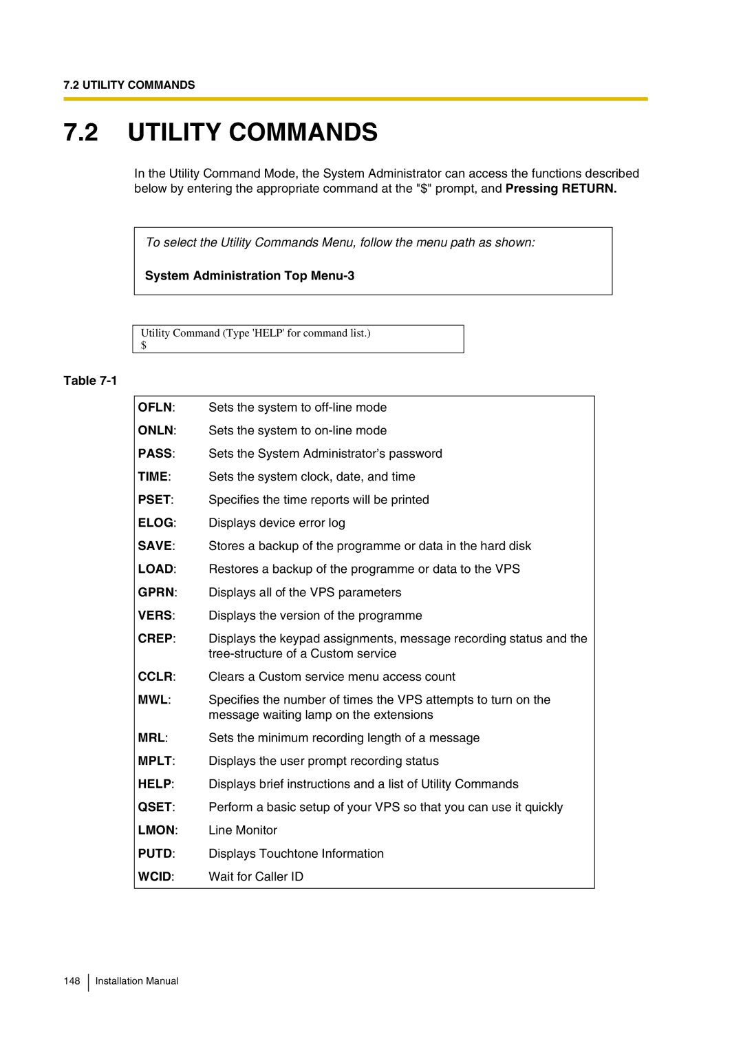 Panasonic KX-TVP200 installation manual Utility Commands, System Administration Top Menu-3 