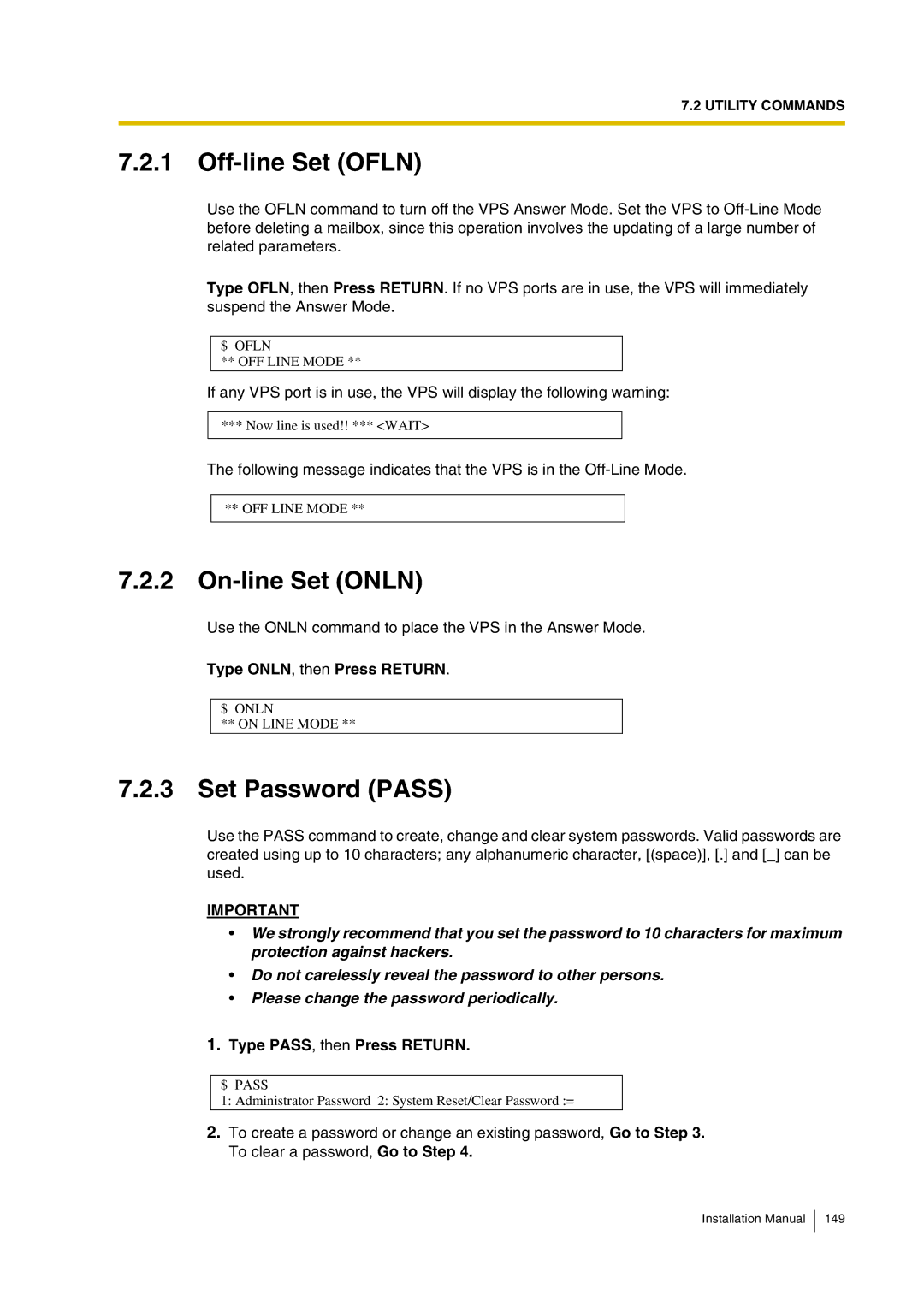 Panasonic KX-TVP200 Off-line Set Ofln, On-line Set Onln, Set Password Pass, Type ONLN, then Press Return 