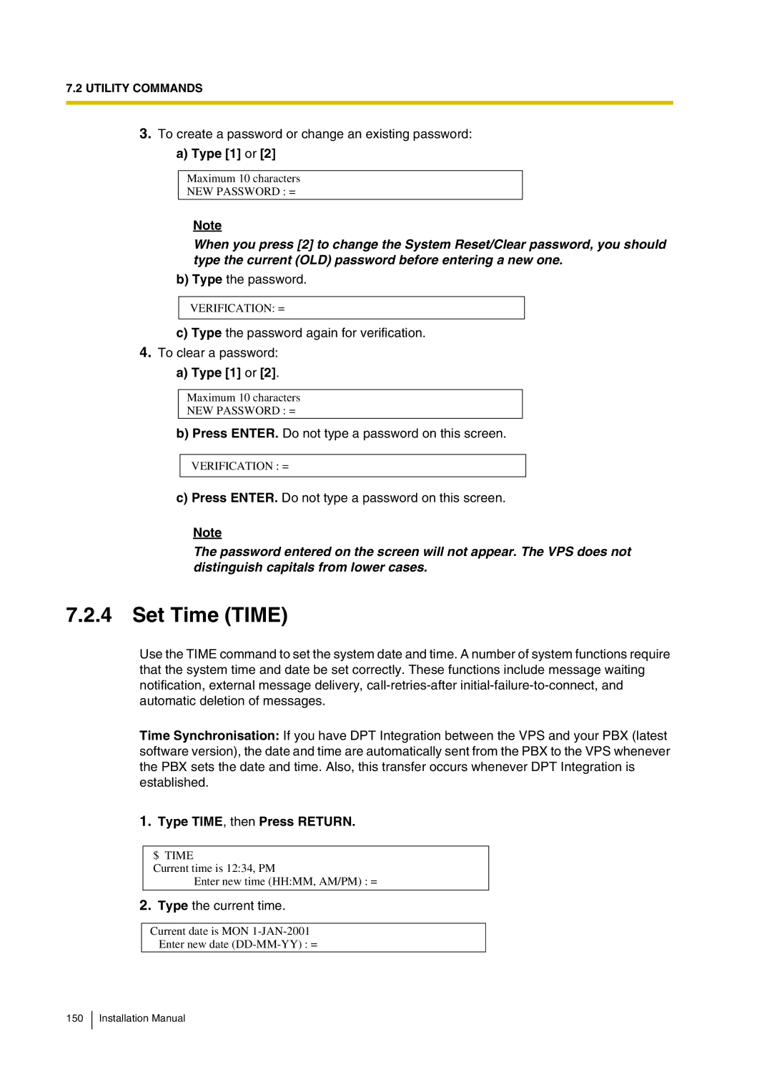 Panasonic KX-TVP200 installation manual Set Time Time, Type 1 or, Type TIME, then Press Return 