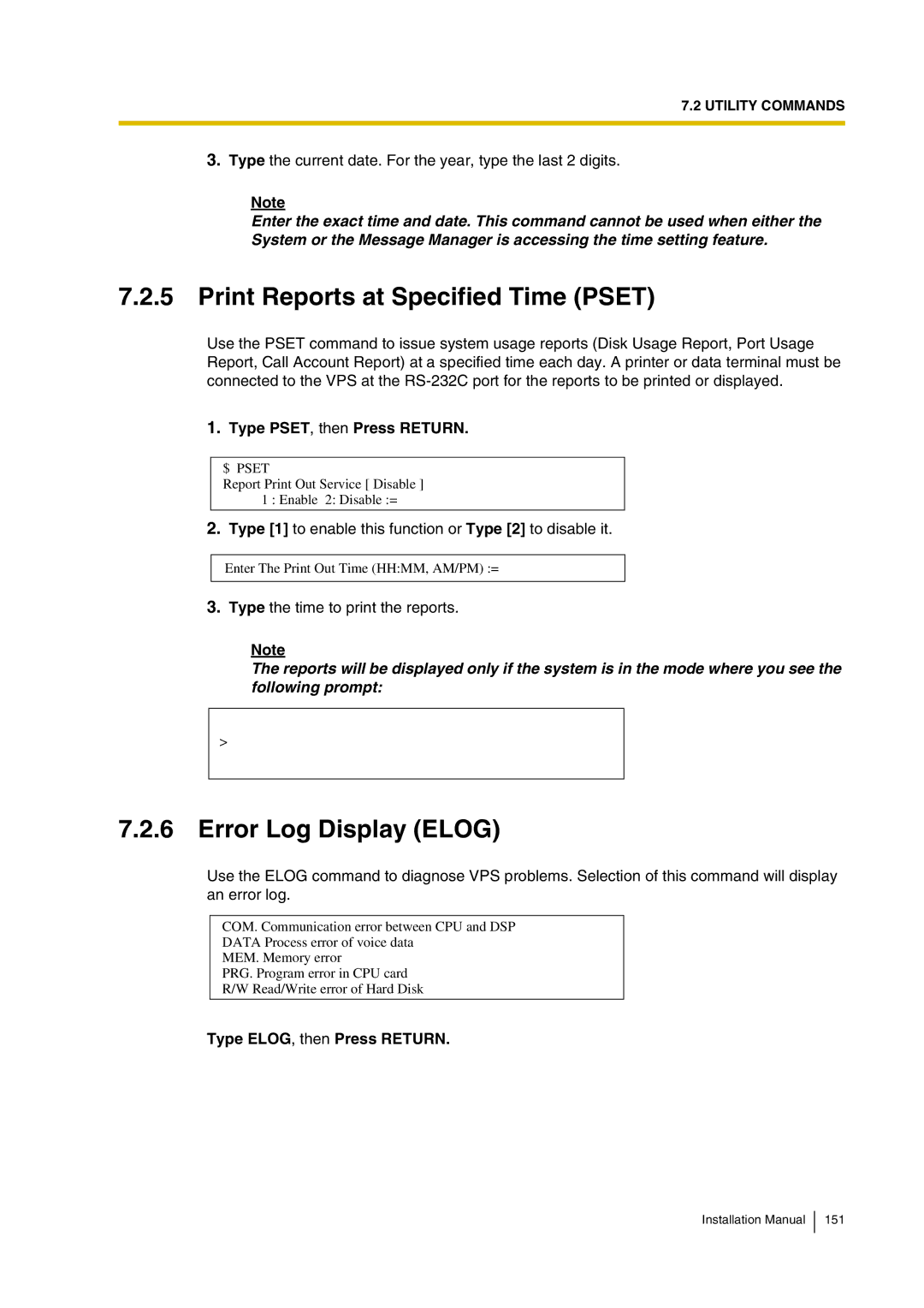 Panasonic KX-TVP200 Print Reports at Specified Time Pset, Error Log Display Elog, Type PSET, then Press Return 