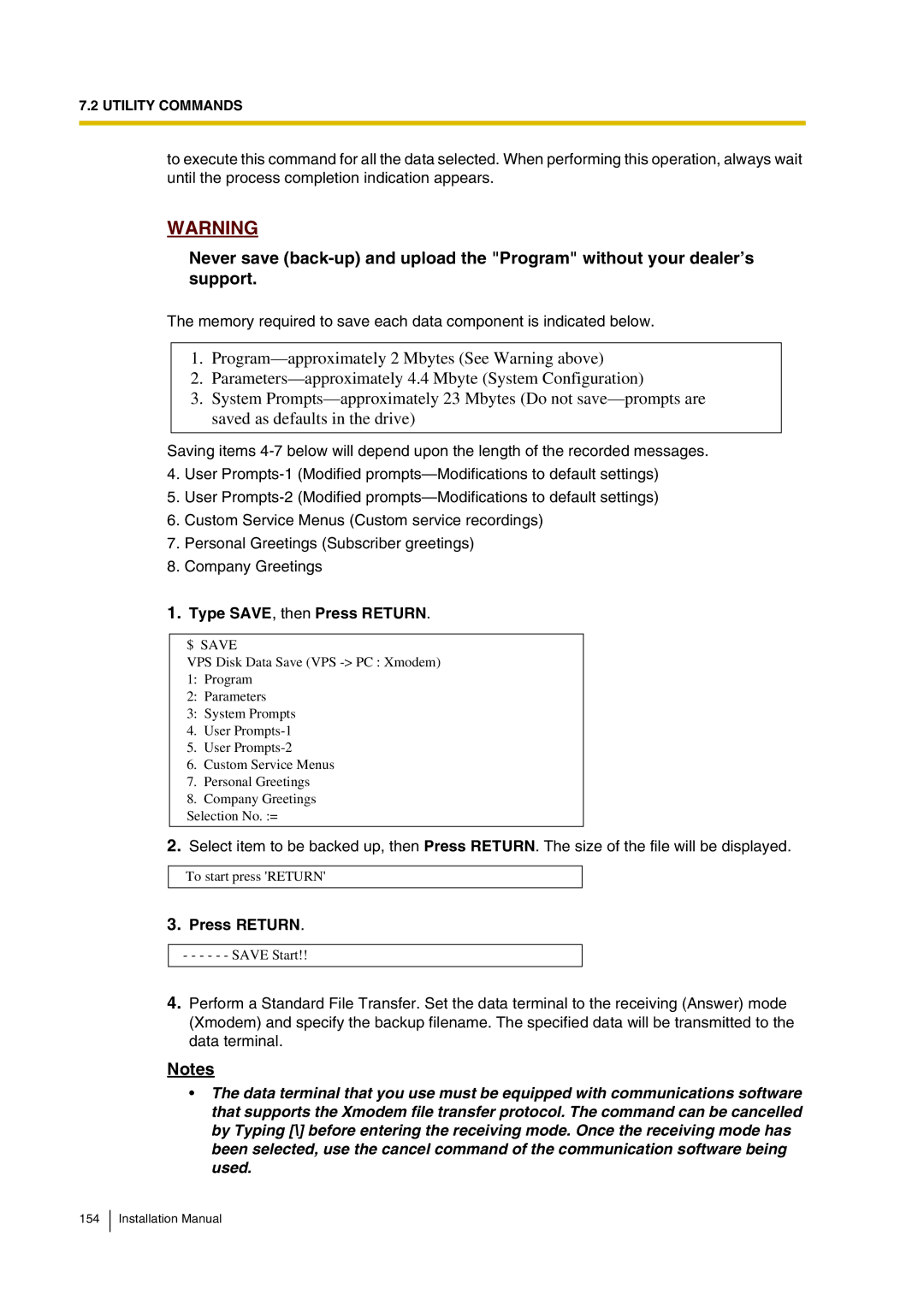 Panasonic KX-TVP200 installation manual Type SAVE, then Press Return 