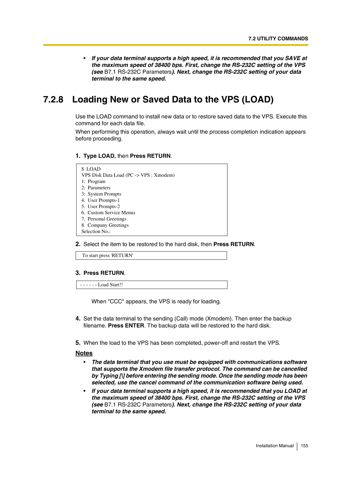 Panasonic KX-TVP200 installation manual Loading New or Saved Data to the VPS Load, Type LOAD, then Press Return 