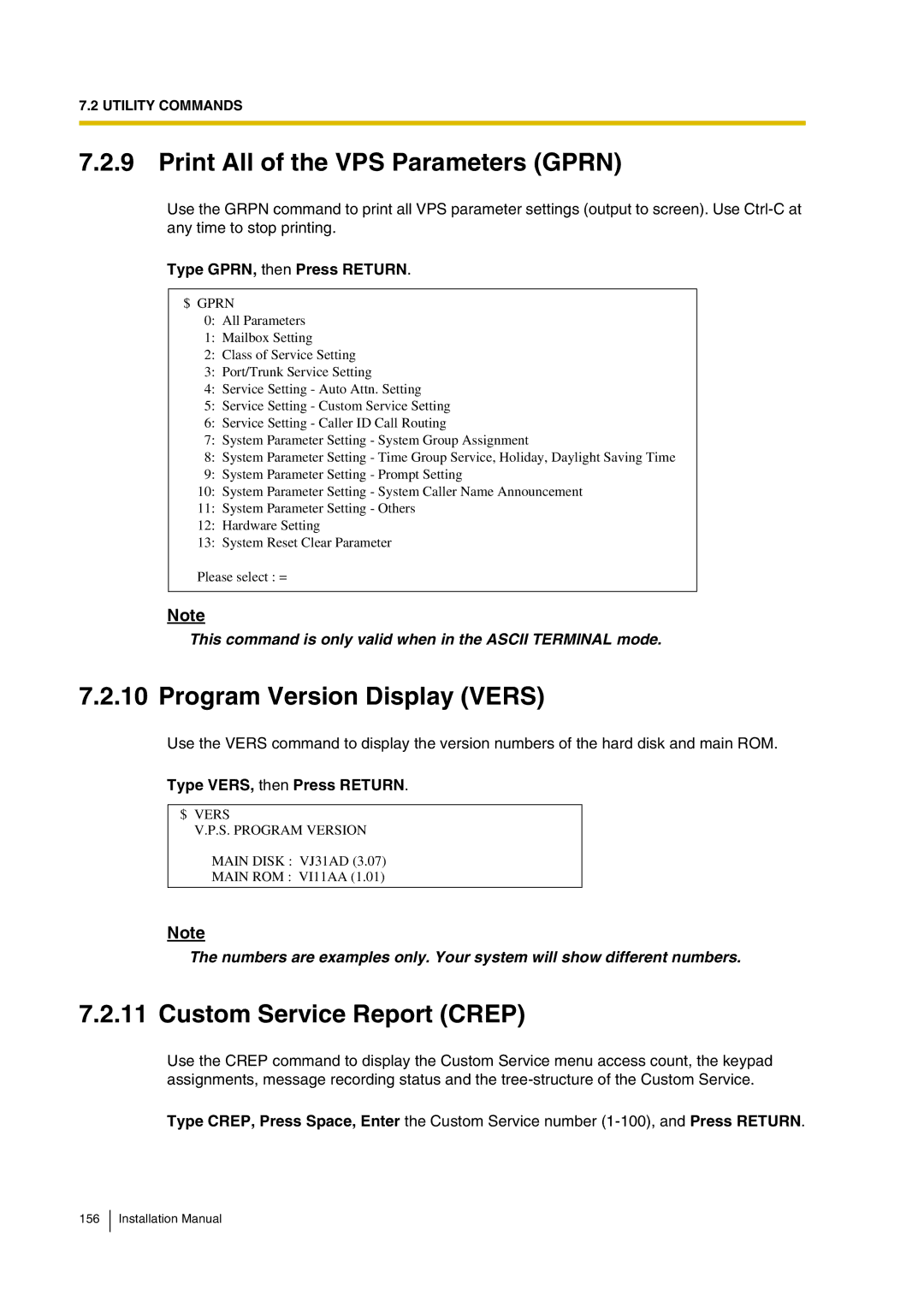 Panasonic KX-TVP200 Print All of the VPS Parameters Gprn, Program Version Display Vers, Custom Service Report Crep 