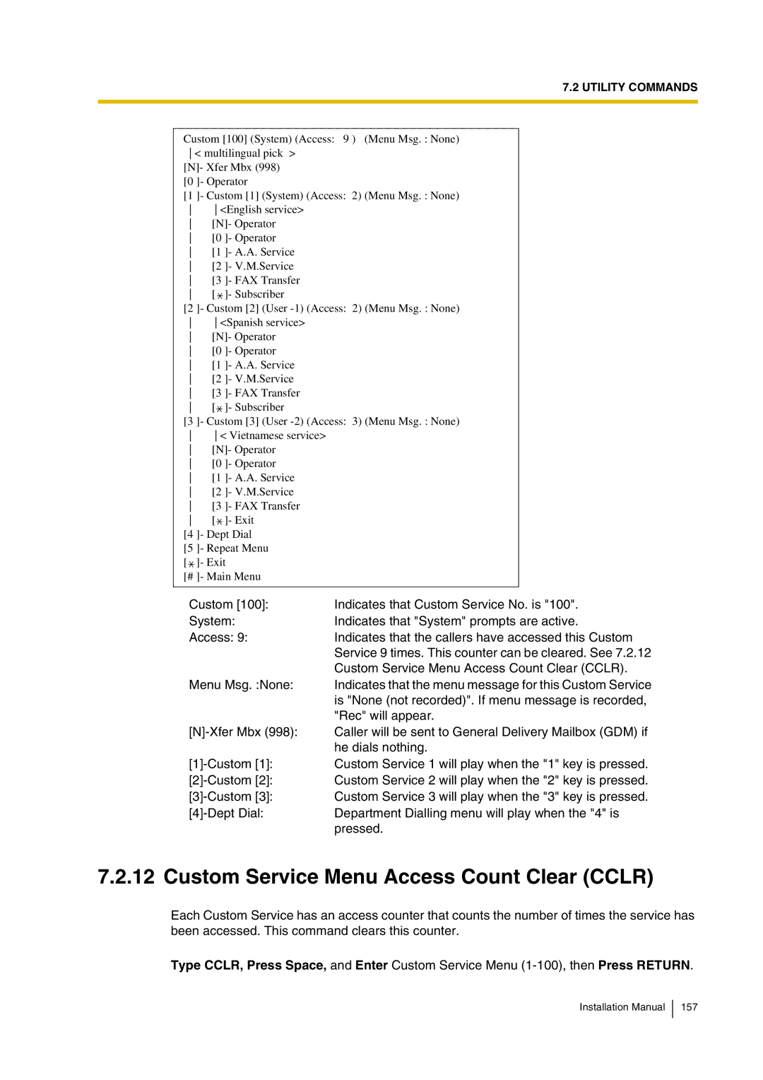 Panasonic KX-TVP200 installation manual Custom Service Menu Access Count Clear Cclr 