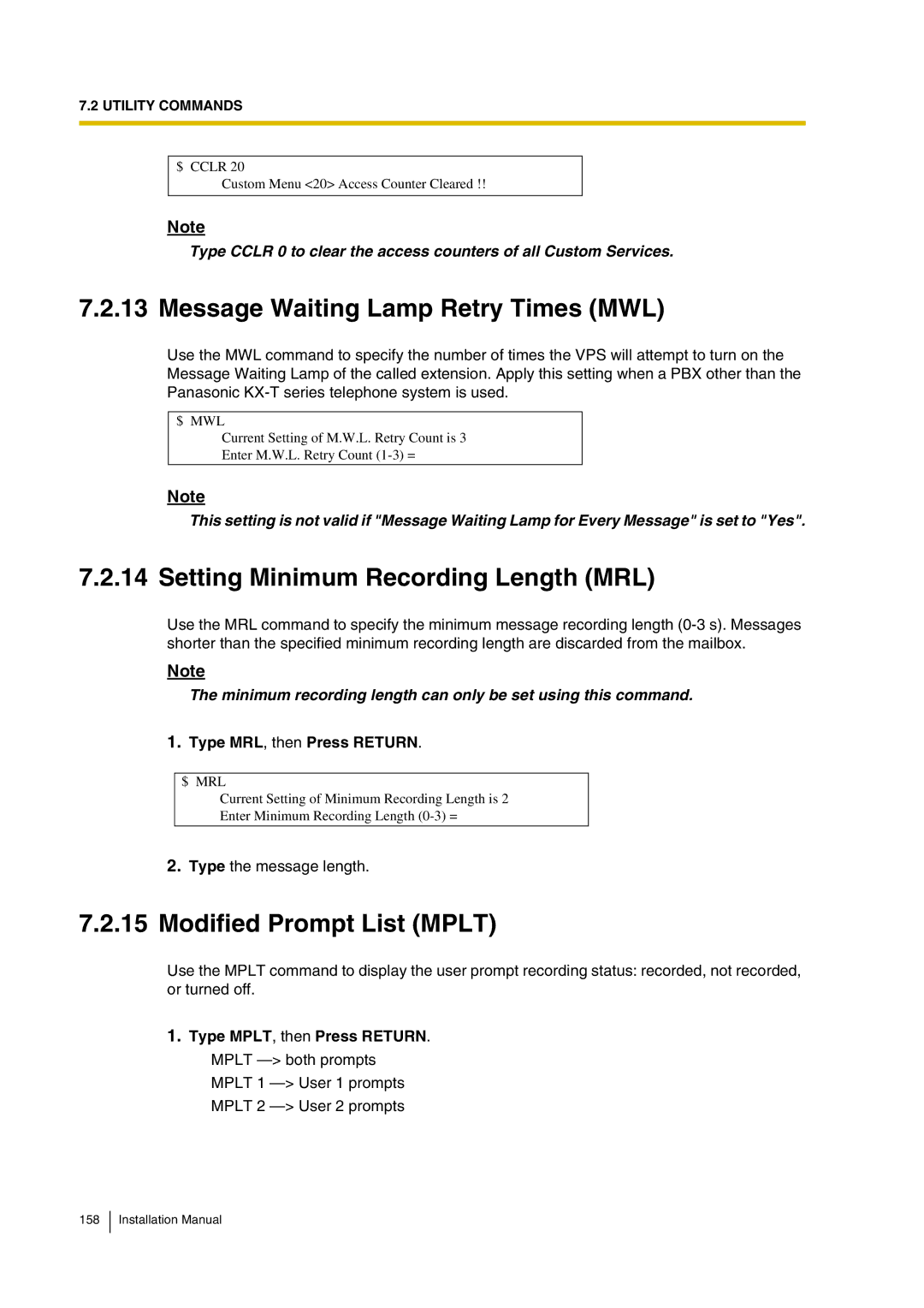 Panasonic KX-TVP200 Message Waiting Lamp Retry Times MWL, Setting Minimum Recording Length MRL, Modified Prompt List Mplt 