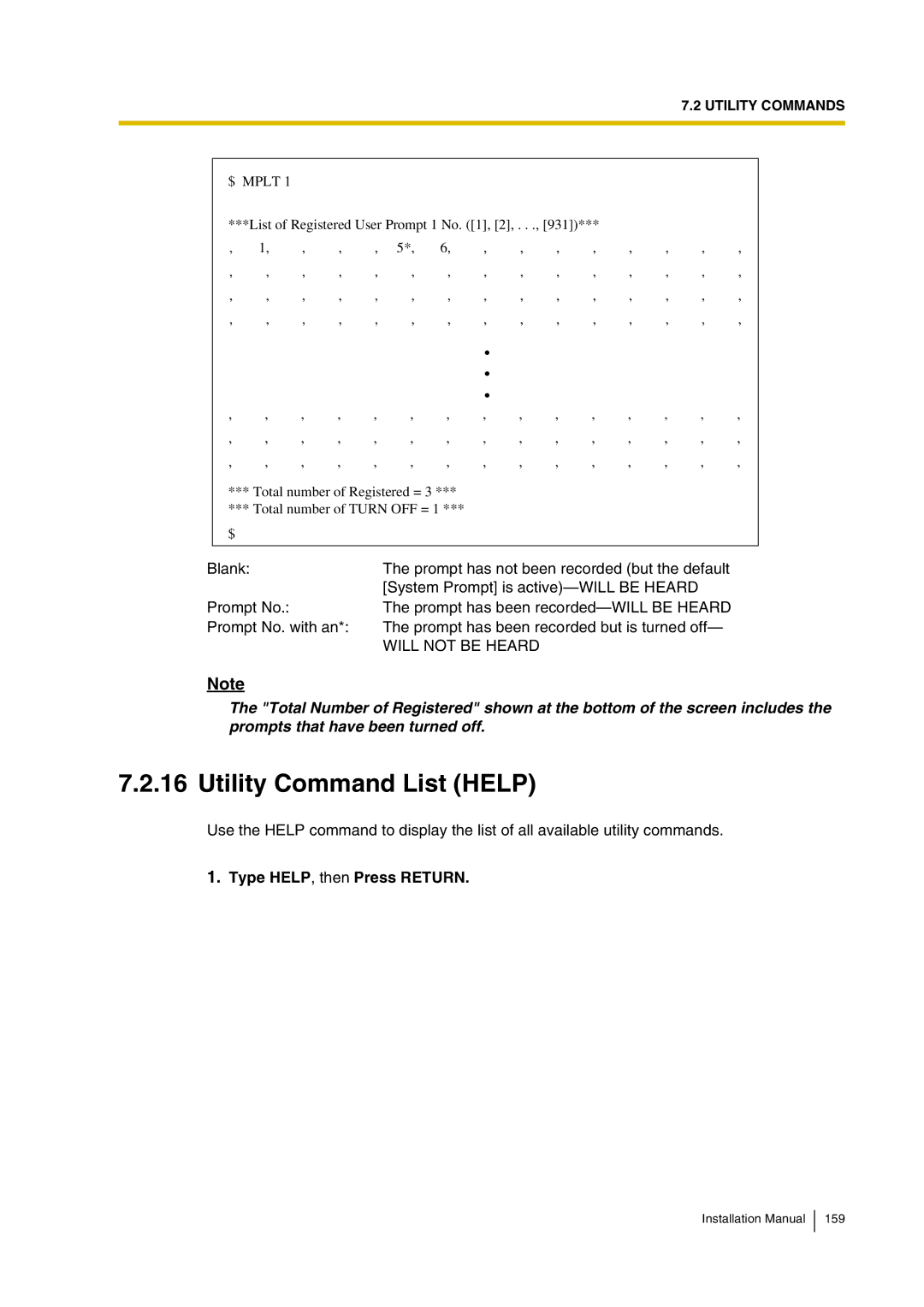 Panasonic KX-TVP200 installation manual Utility Command List Help, Will not be Heard, Type HELP, then Press Return 