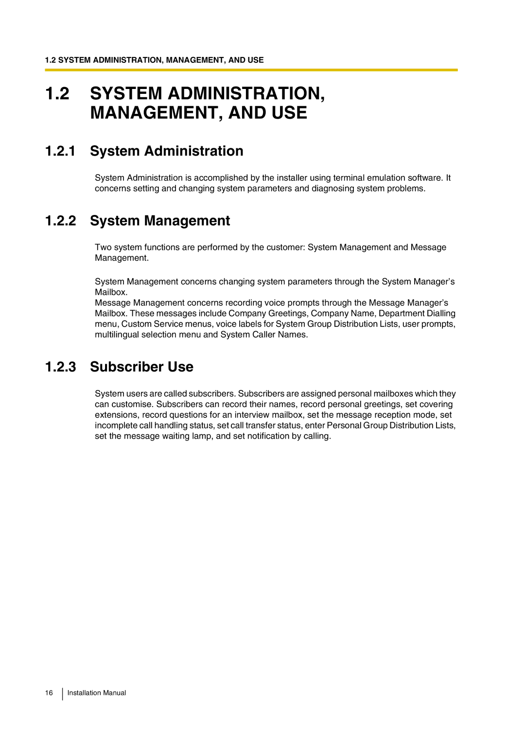 Panasonic KX-TVP200 installation manual System Administration, System Management, Subscriber Use 