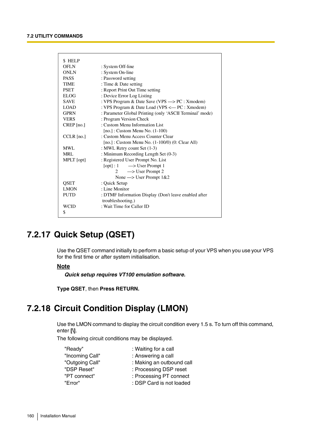 Panasonic KX-TVP200 Quick Setup Qset, Circuit Condition Display Lmon, Quick setup requires VT100 emulation software 